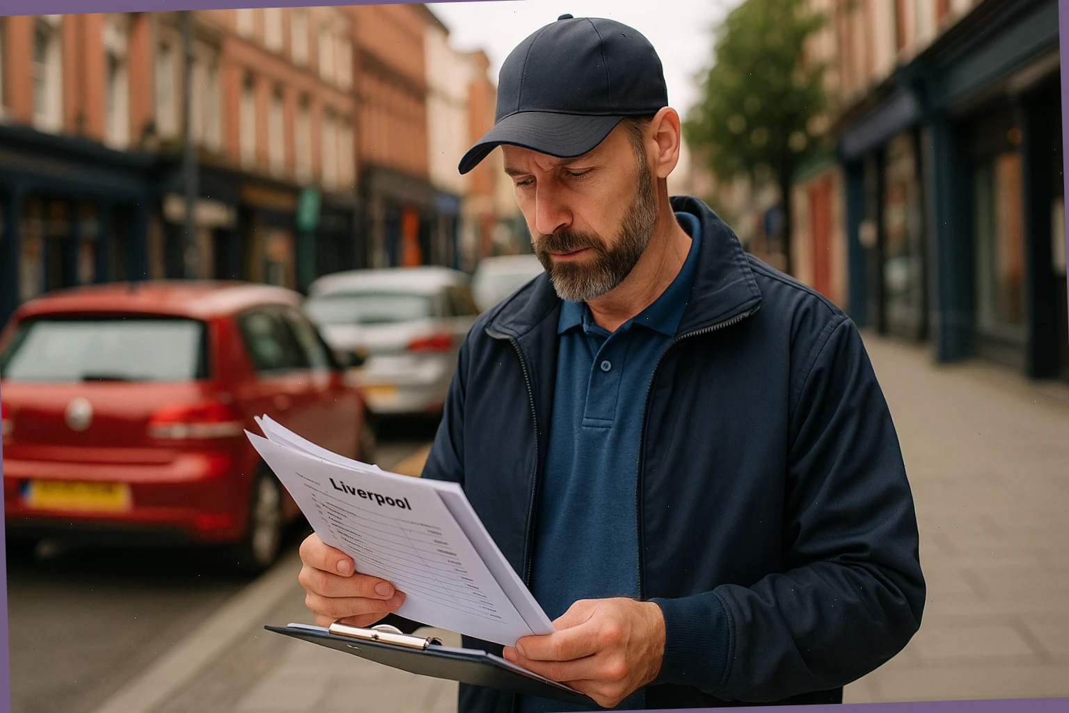 Courier reviewing delivery notes for city drop-offs in Liverpool