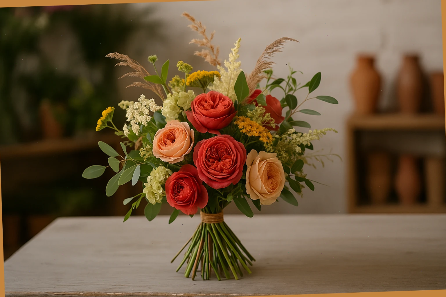 Hand-tied bouquet with garden roses and meadow accents on a studio table