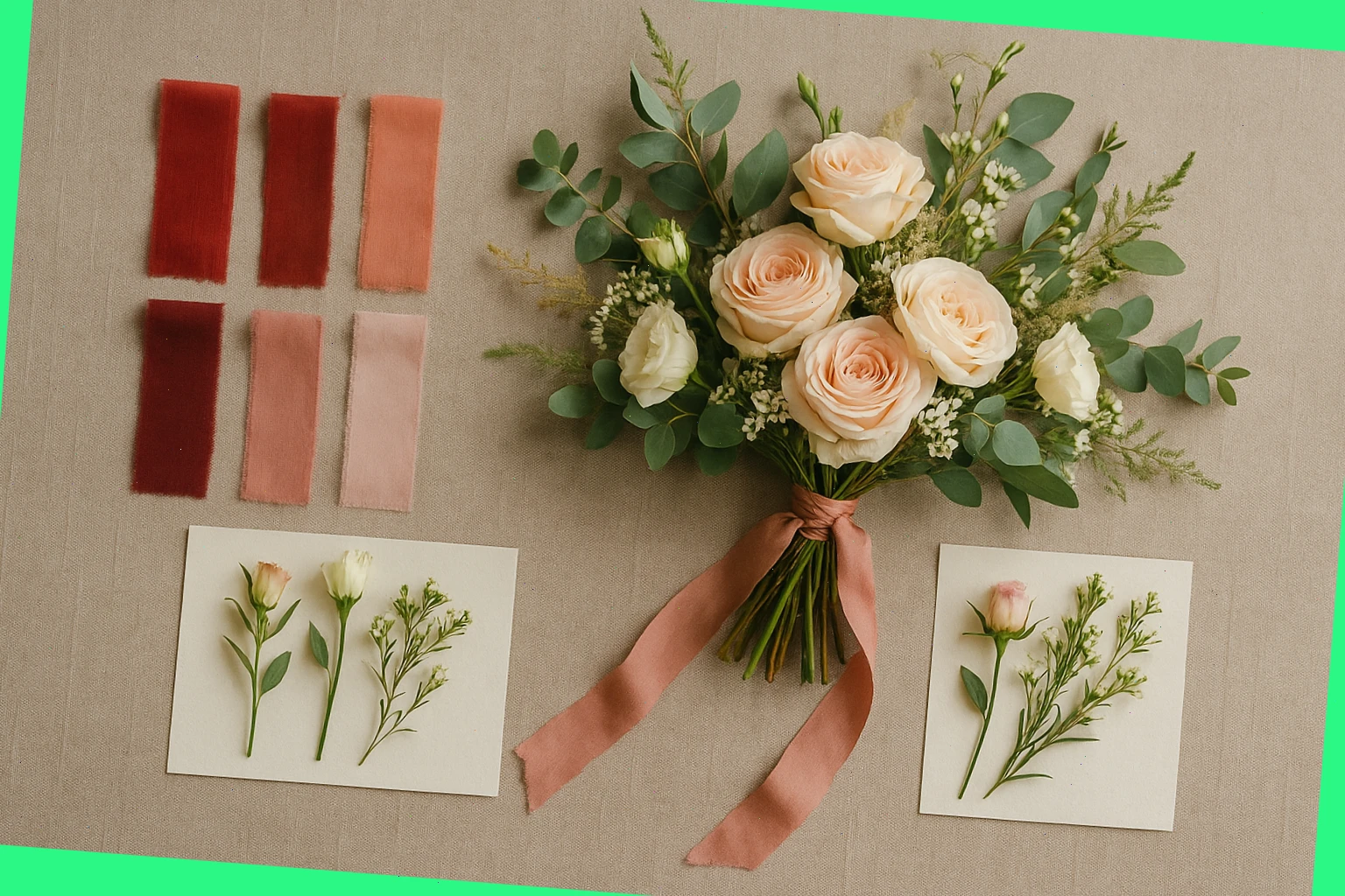 Bridal bouquet trial with ribbon swatches and sample stems