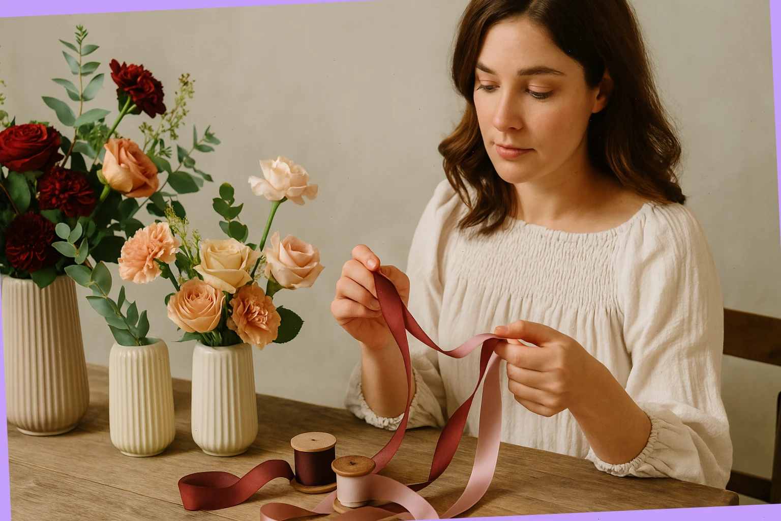 Guest florist testing ribbon palettes beside sample vases