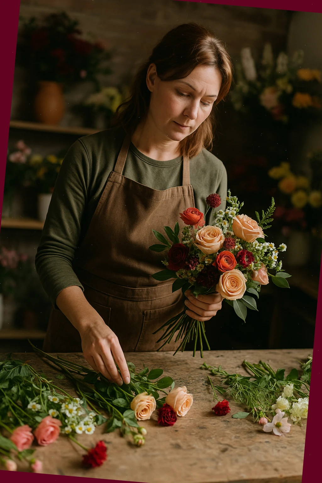 Lead florist arranging seasonal stems on a studio bench in Liverpool