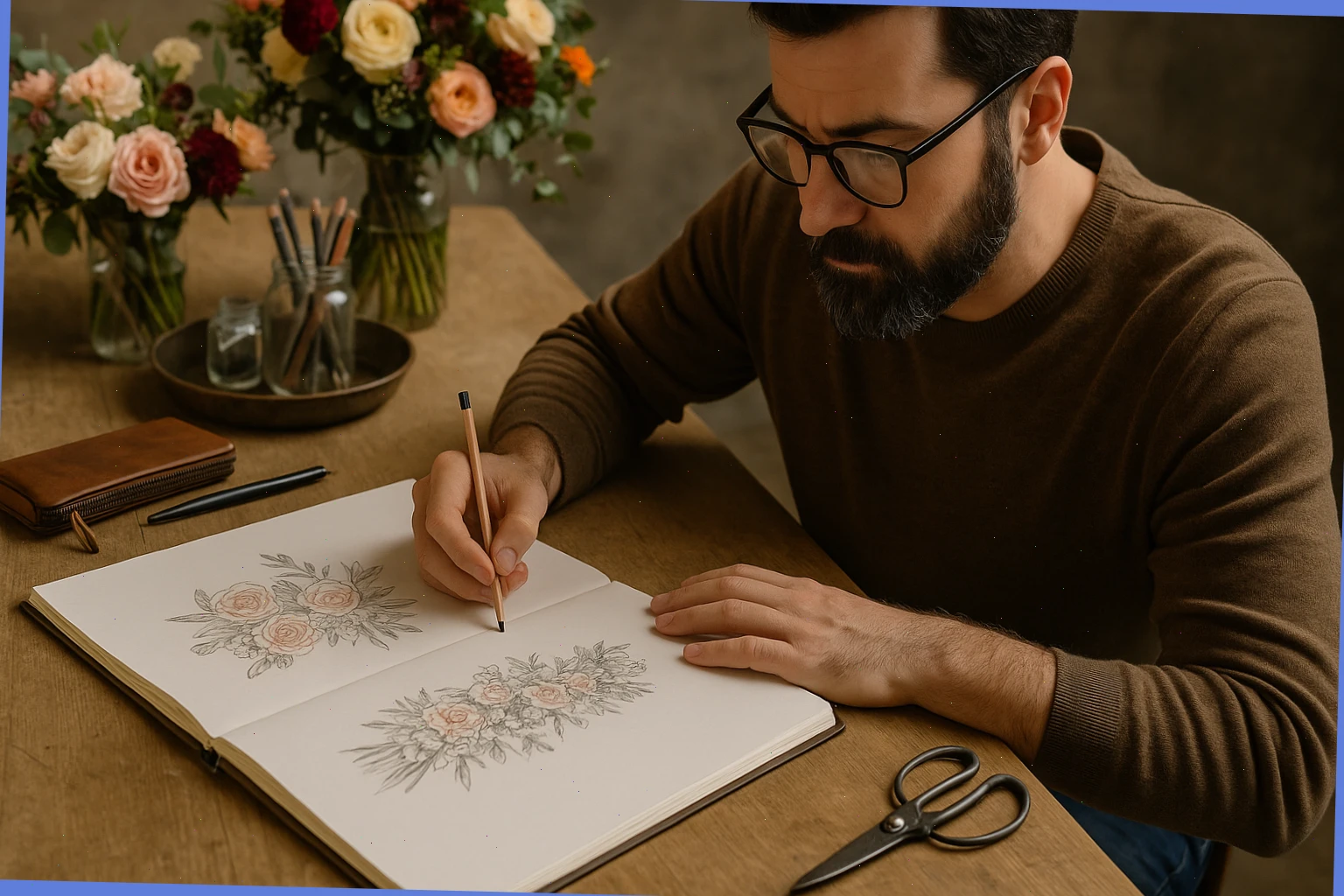Designer sketching table arrangements and bouquet shapes